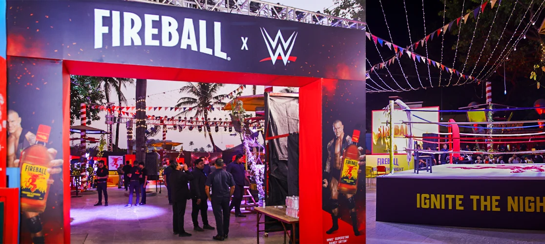 Fireball and WWE association corporate event branding display.